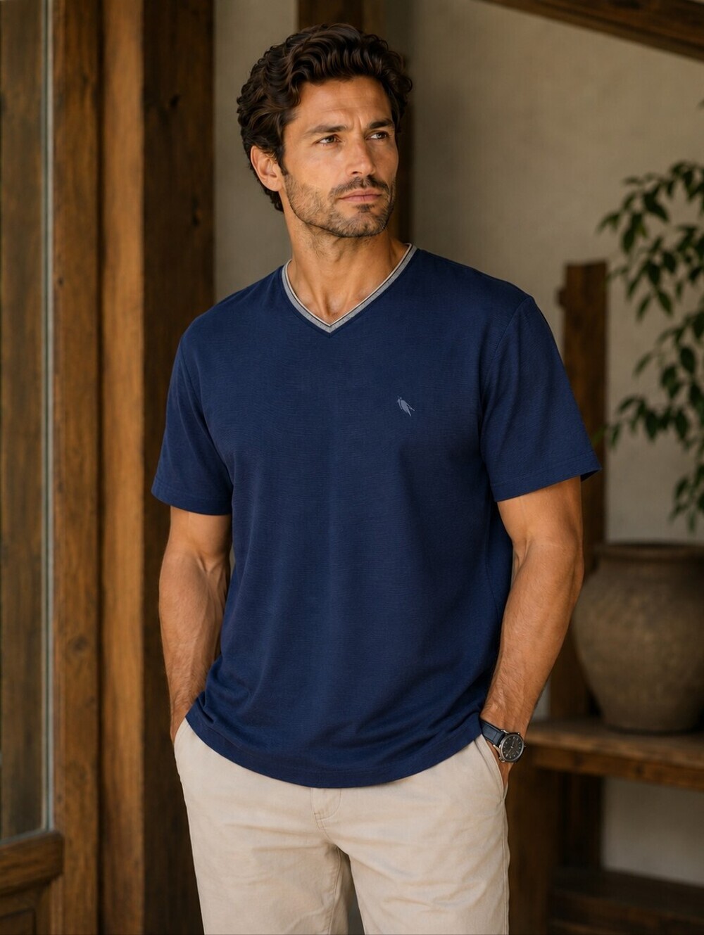 STONE FALCON Ink Blue/Sand V-neck Tee- Size LARGE